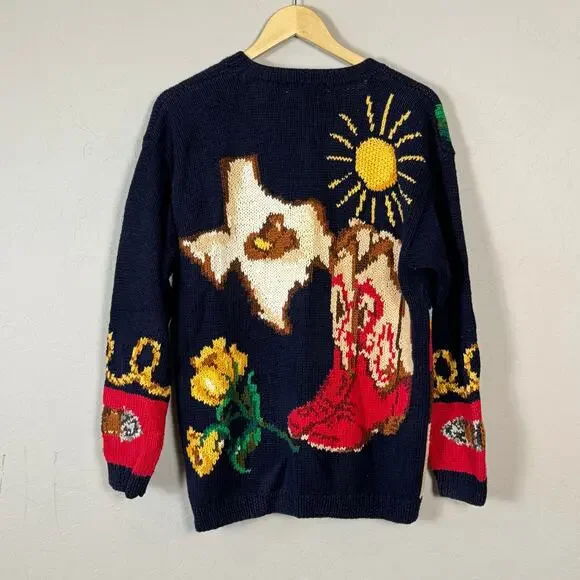 VTG The Eagle's Eye Hand Knit Cardigan Sweater Small Oversized Texas Longhorn - Picture 2 of 16